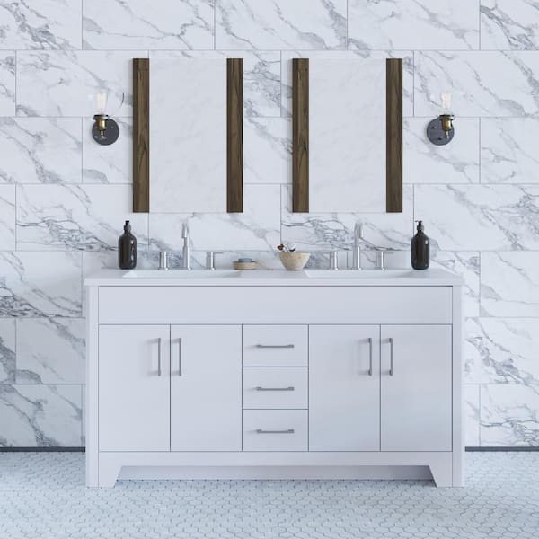 Branine 61 in. Double Sink White Bath Vanity with White Cultured Marble Top (Assembled)