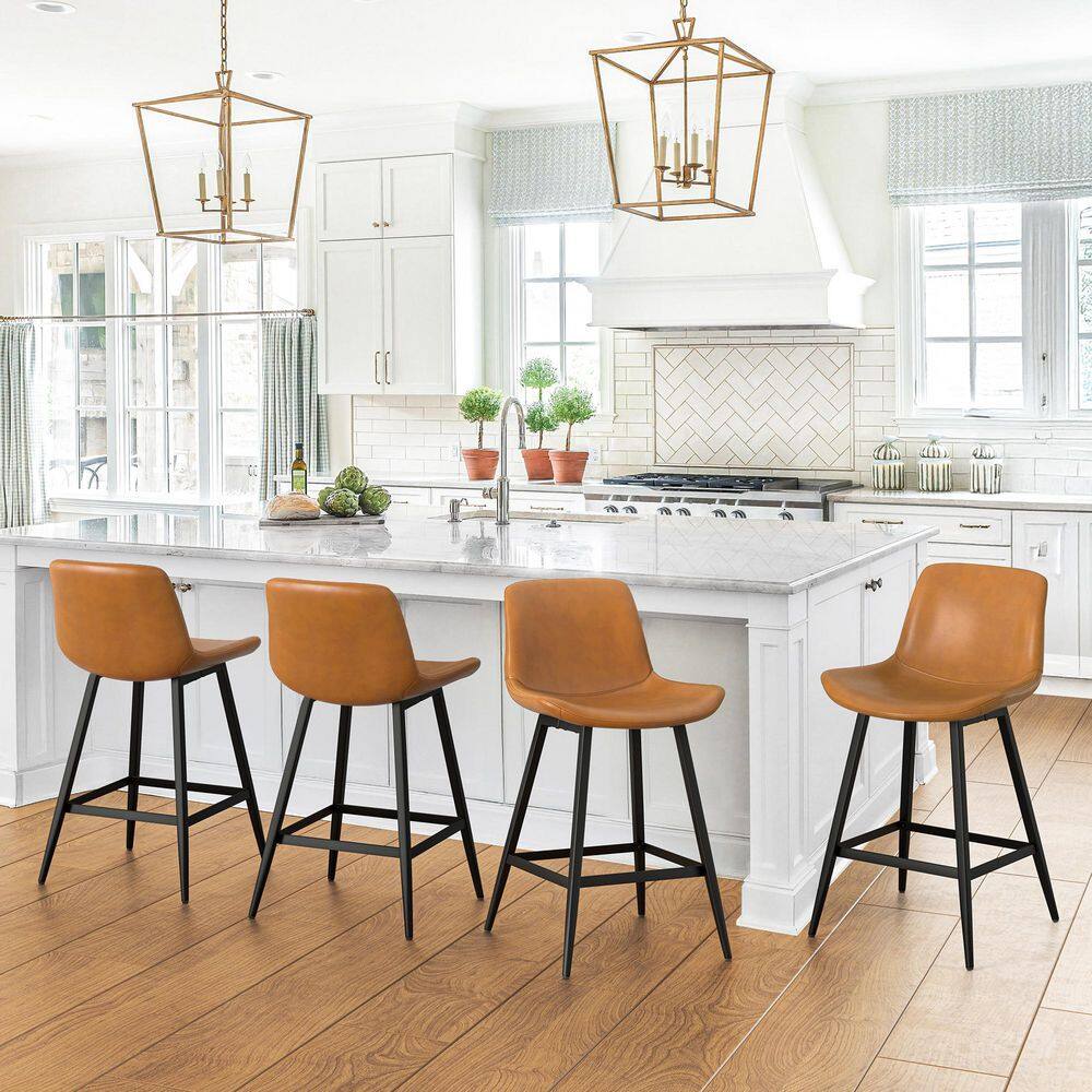 Whiskey Brown Faux Leather Counter Stools with Metal Legs, Set of 4