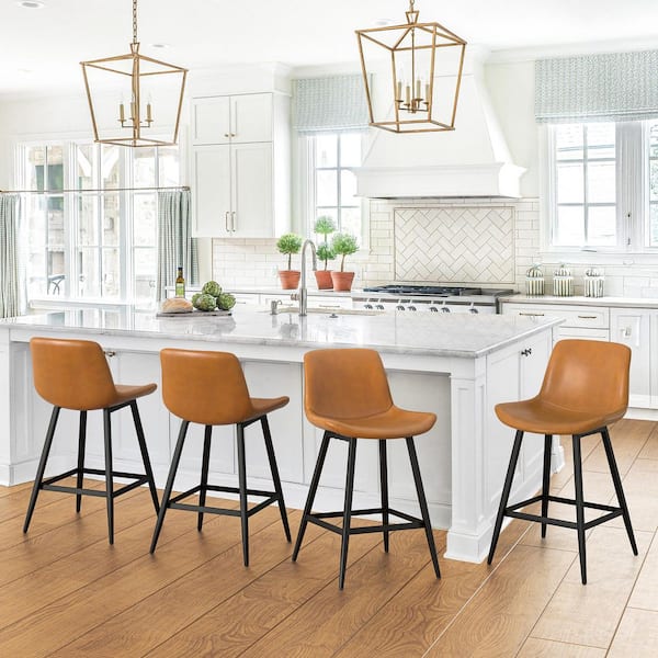 OrangeOne 35 in. Whiskey Brown 24 in. Low Back Metal Frame Counter Height Bar Stool with Faux Leather seat (Set of 4)