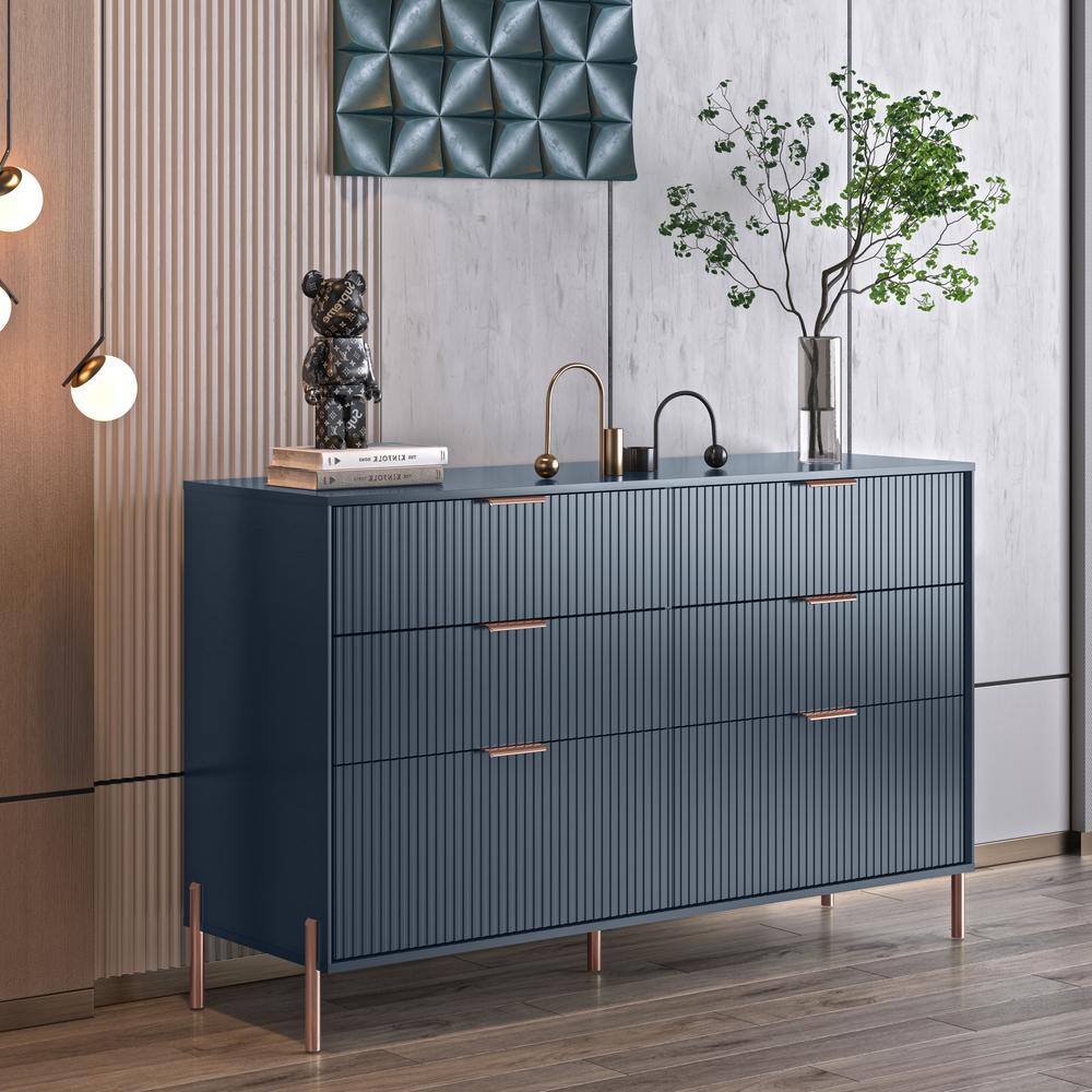 Navy Double Dresser with Soft Close Drawers and Gold Accents