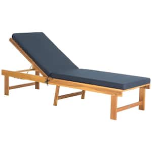 Inglewood Teak Brown 1-Piece Wood Outdoor Chaise Lounge Chair with Navy Cushion