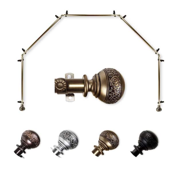 EMOH 13/16" Dia Adjustable 5-Sided Bay Window Curtain Rod 28 to 48" (each side) with Douglas Finials in Antique Brass