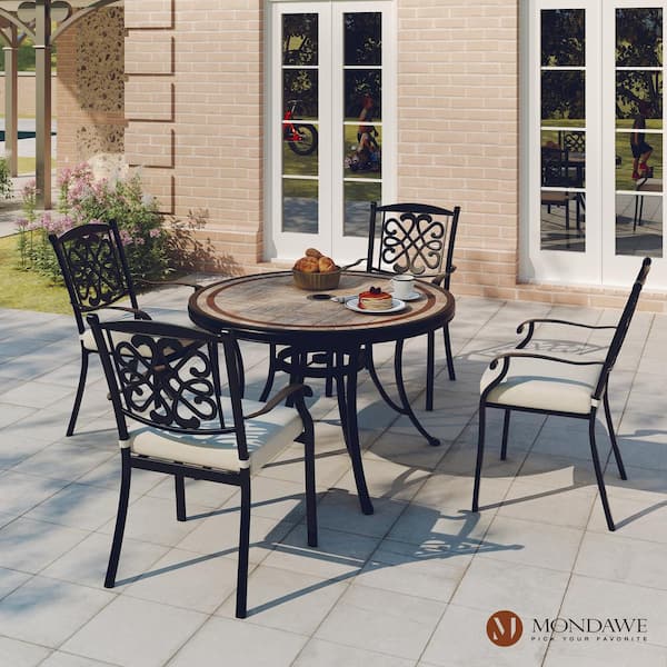 Regal Haven Cast Aluminum Outdoor Patio Dining Chair Flower-Shaped Backrest Side Chair with Beige Cushions (Set of 4)