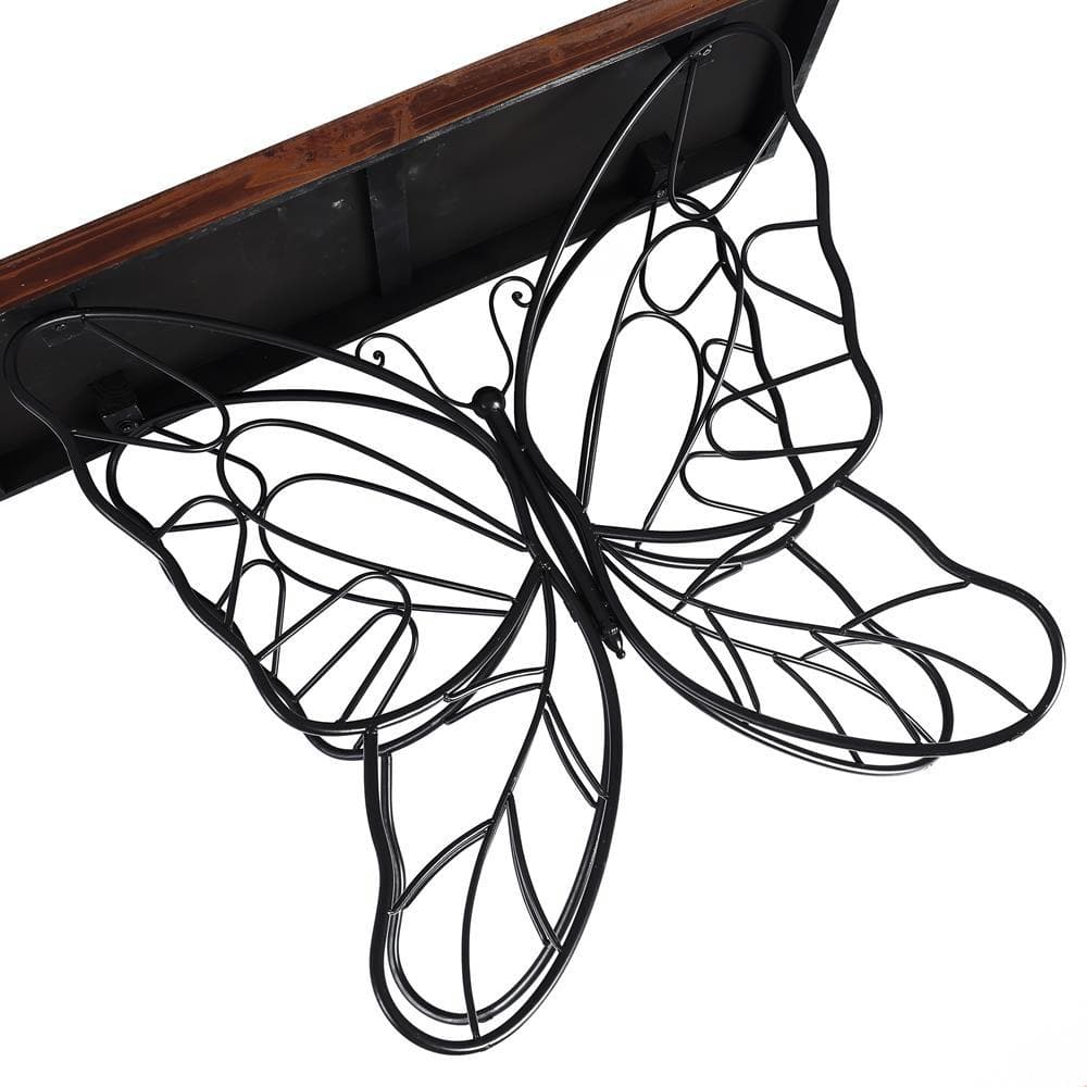 Dark Maple & Black Metal Butterfly Accent Console Table with Storage