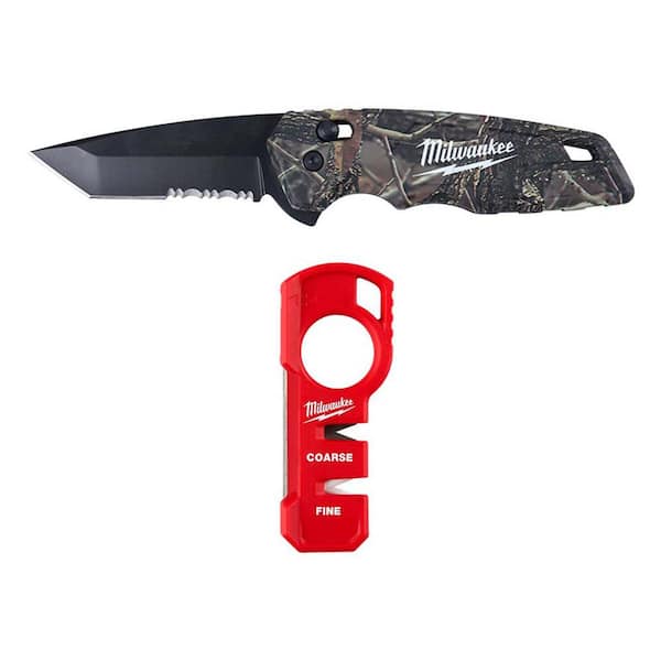 Milwaukee FASTBACK Camo Stainless Steel Spring Assisted Folding Knife with 2.95 in. Blade with Compact Knife Sharpener (2-Piece)