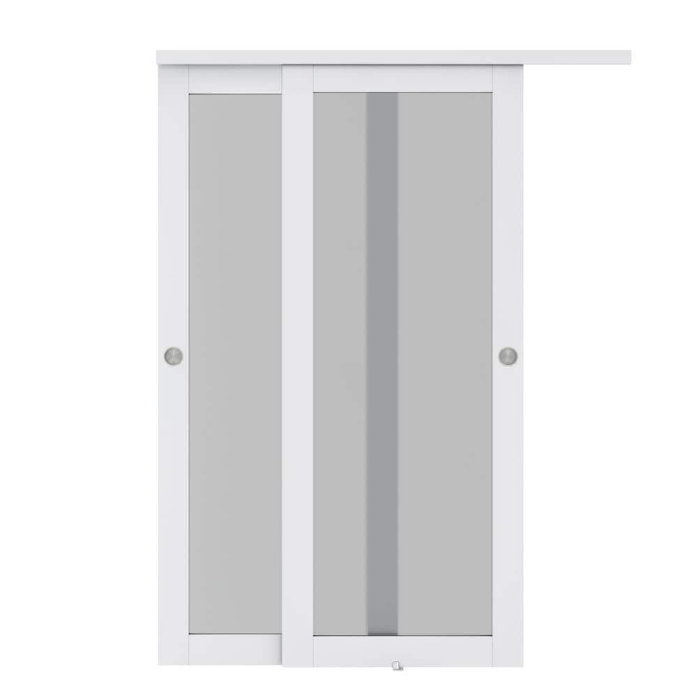 CALHOME 60 in. x 80 in. 1-Lite Frosted Tempered Glass Sliding Double Bypass Closet Doors with Installation Hardware Kit, White -  GC03-1LITE-60-W