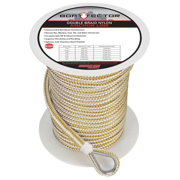 Extreme Max 3/8 in. x 150 ft. BoatTector Double Braid Nylon Anchor Line  with Thimble in White and Gold 3006.2246 - The Home Depot