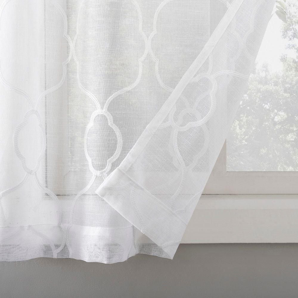 White Embroidered Trellis Light Filtering Kitchen Curtain Set
