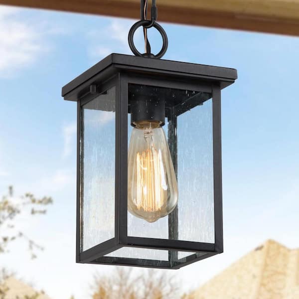 LNC Matte Black Rustic Outdoor Hanging Lantern, Mini Farmhouse 1-Light Square Outdoor Pendant Light with Seeded Glass Shade