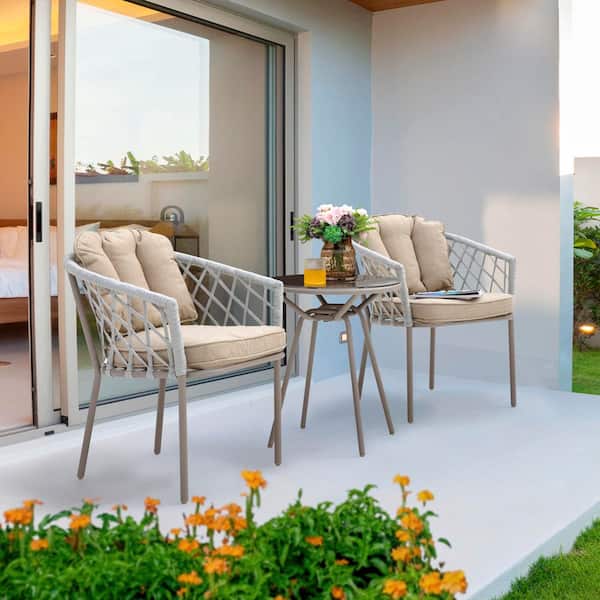 Nuu Garden 3-Piece Metal Outdoor Rope Weave Bistro Set with Beige Cushion
