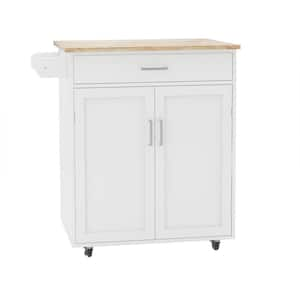 White Wood Kitchen Cart with Adjustable Shelves, Towel Rack, Drawer and Wheels, Rubber Wood Tabletop