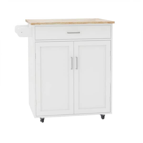 White Wood Kitchen Cart with Adjustable Shelves, Towel Rack, Drawer and ...