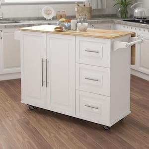 54 in. W x 17 in. H White Wooden Kitchen Island with Drop Leaf Top, 3 Drawers, Towel Rack and Adjustable Shelf
