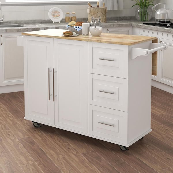 Tileon 54 in. W x 17 in. H White Wooden Kitchen Island with Drop Leaf Top, 3 Drawers, Towel Rack and Adjustable Shelf
