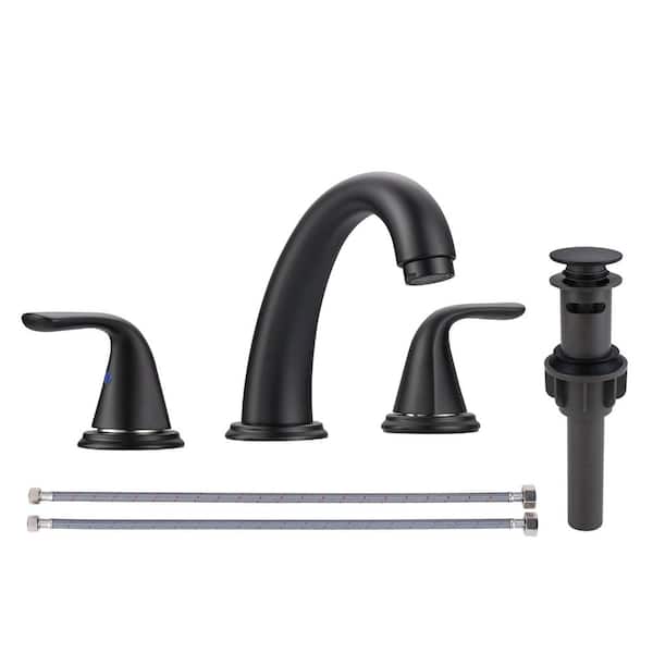 IVIGA 8 in. Widespread Double Handle High Arc Bathroom Faucet with Pop Up Drain Kit and Supply Lines in Matte Black