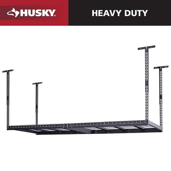 Husky 97.5 in. W x 43.75 in. H x 32 in. D Adjustable Height Metal Heavy-Duty Overhead Garage Storage Rack in Black