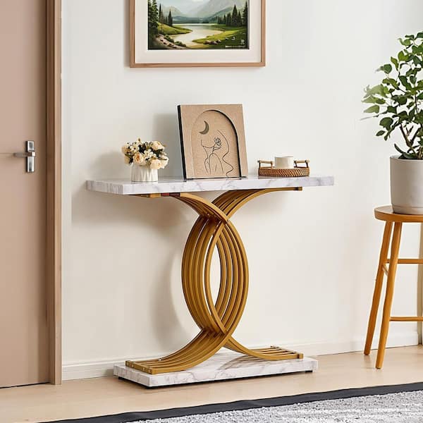 Narrow Console Sofa Table, Narrow Sofa Table with Metal Frame, 39.4 in. Behind Couch Table, 1-Tier Long Entryway Table
