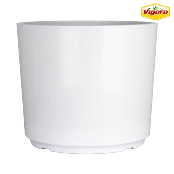 Vigoro 14.2 in. Eloise Large White Resin Cylinder Planter (14.2 in. D x 12.3 in. H) with punch-out Drainage Holes