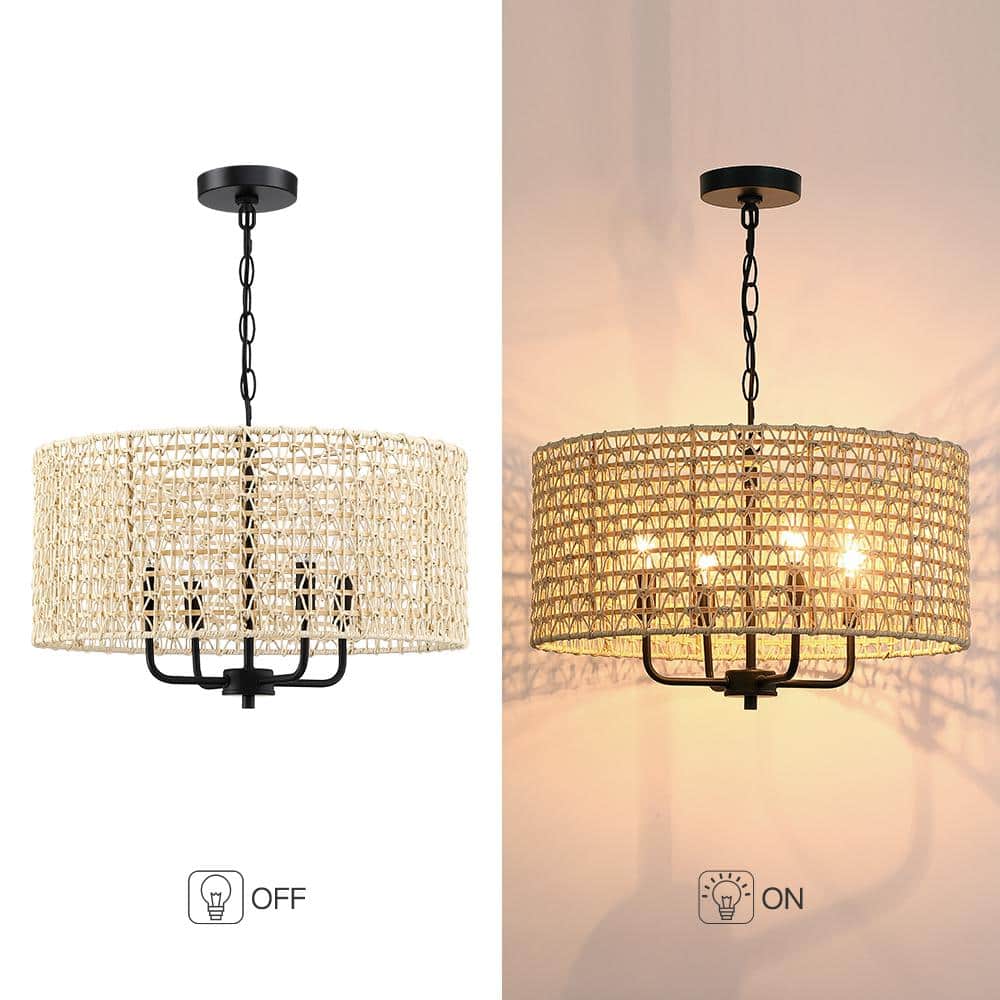 Natural Beige Rattan Drum Pendant Chandelier with Black Accents