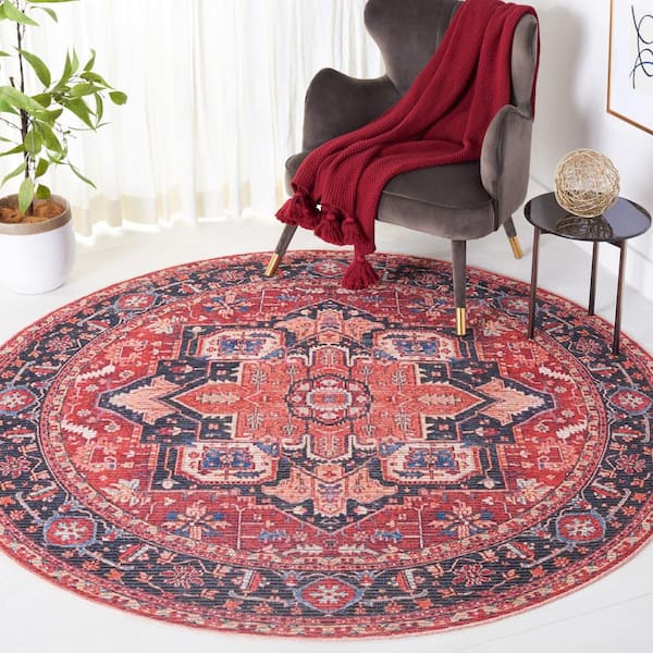 Serapi Red/Blue 7 ft. x 7 ft. Machine Washable Border Ornate Round Area Rug