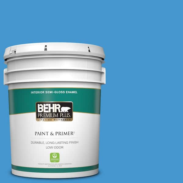 BEHR PREMIUM PLUS 5 gal. #P510-5 Perfect Sky Semi-Gloss Enamel Low Odor Interior Paint & Primer