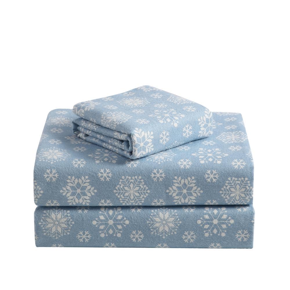 4-Piece White and Blue Geometric King Sheet Set