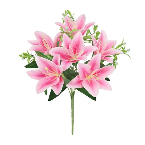 LIVING LUXURY 13 in. Pink Artificial Stargazer Lily Flower Stem Bush Bouquet (Set of 4)