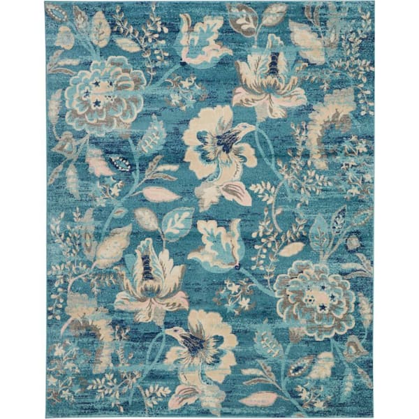 Nourison Tranquil Turquoise 9 ft. x 12 ft. Floral Modern Area Rug
