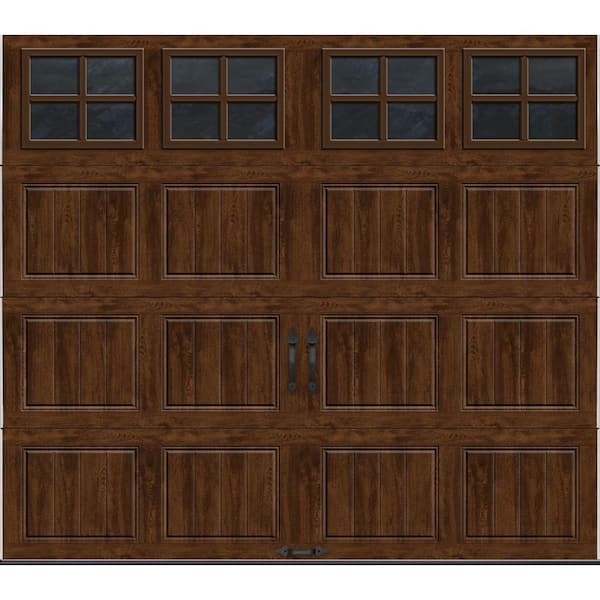 Clopay Gallery Steel Short Panel 9 ft x 7 ft Insulated 6.5 R-Value Wood Look Walnut Garage Door with SQ22 Windows