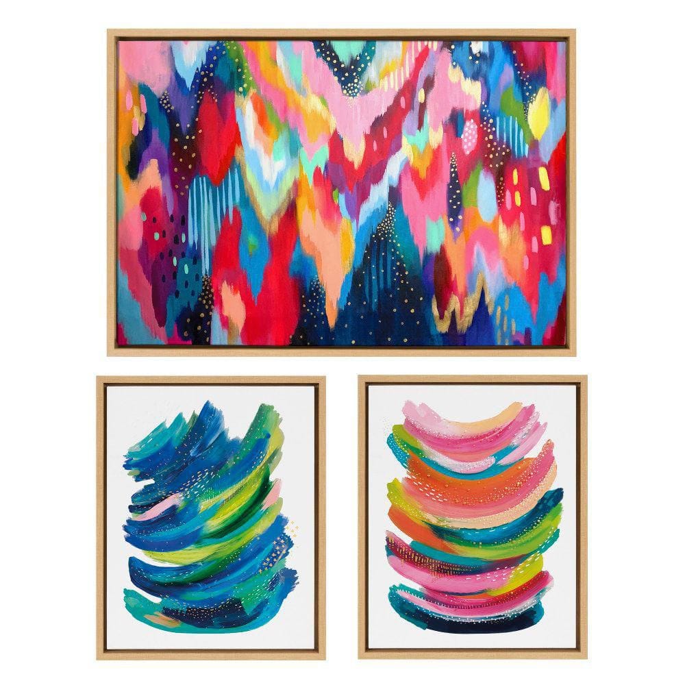 Colorful Abstract Brushstroke Canvas Art Set with Natural Frames