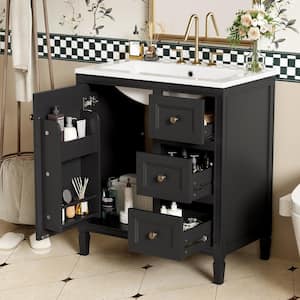 30 in. W Single Sink Freestanding Bath Vanity in Black with White Resin Top