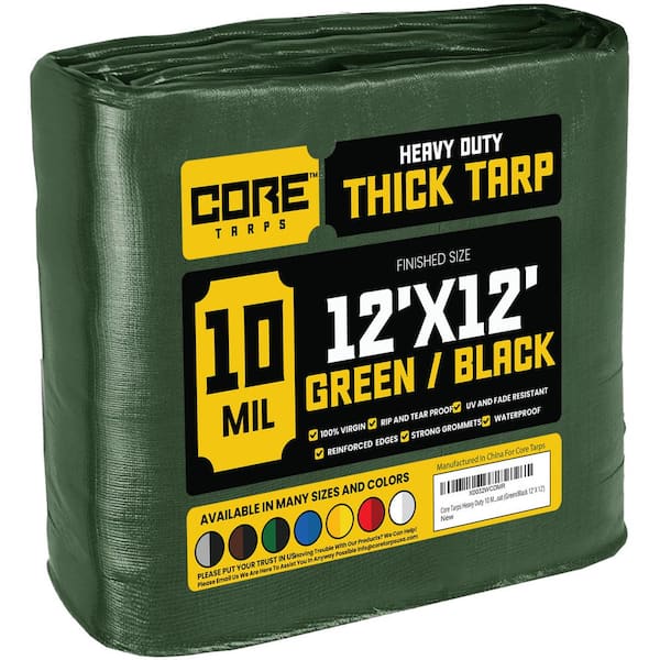 CORE TARPS 12 ft. x 12 ft. Green/Black 10 Mil Heavy Duty Polyethylene Tarp, Waterproof, UV Resistant, Rip and Tear Proof