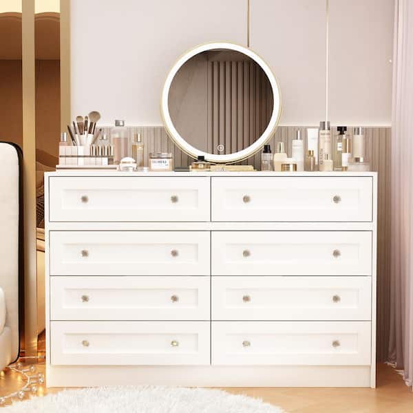 WIAWG White Wood 8-Drawer 82.7 in. W Retractable Chest of Drawer With Rotatable Table, Crystal Handles