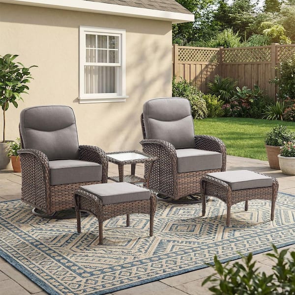 Rivieral 5-Piece Brown Wicker Swivel Glider Outdoor Rocking Chair with Ottomans, Side Table and 6 Inch Gray Cushions