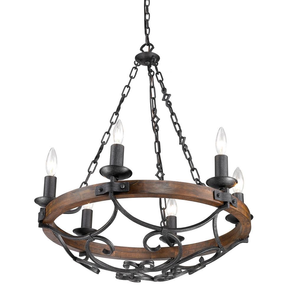 Rustic Madera Black Iron 6-Light Chandelier with Solid Wood Accents