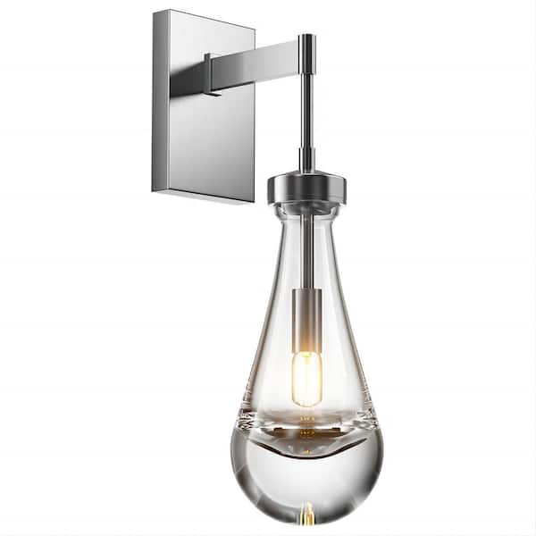 YUYI 17.7 in. 1 Light Silver Wall Sconce, Raindrop Wall Lighting with Hand Blown Solid Glass, Brass Base and Rod (1 Set)