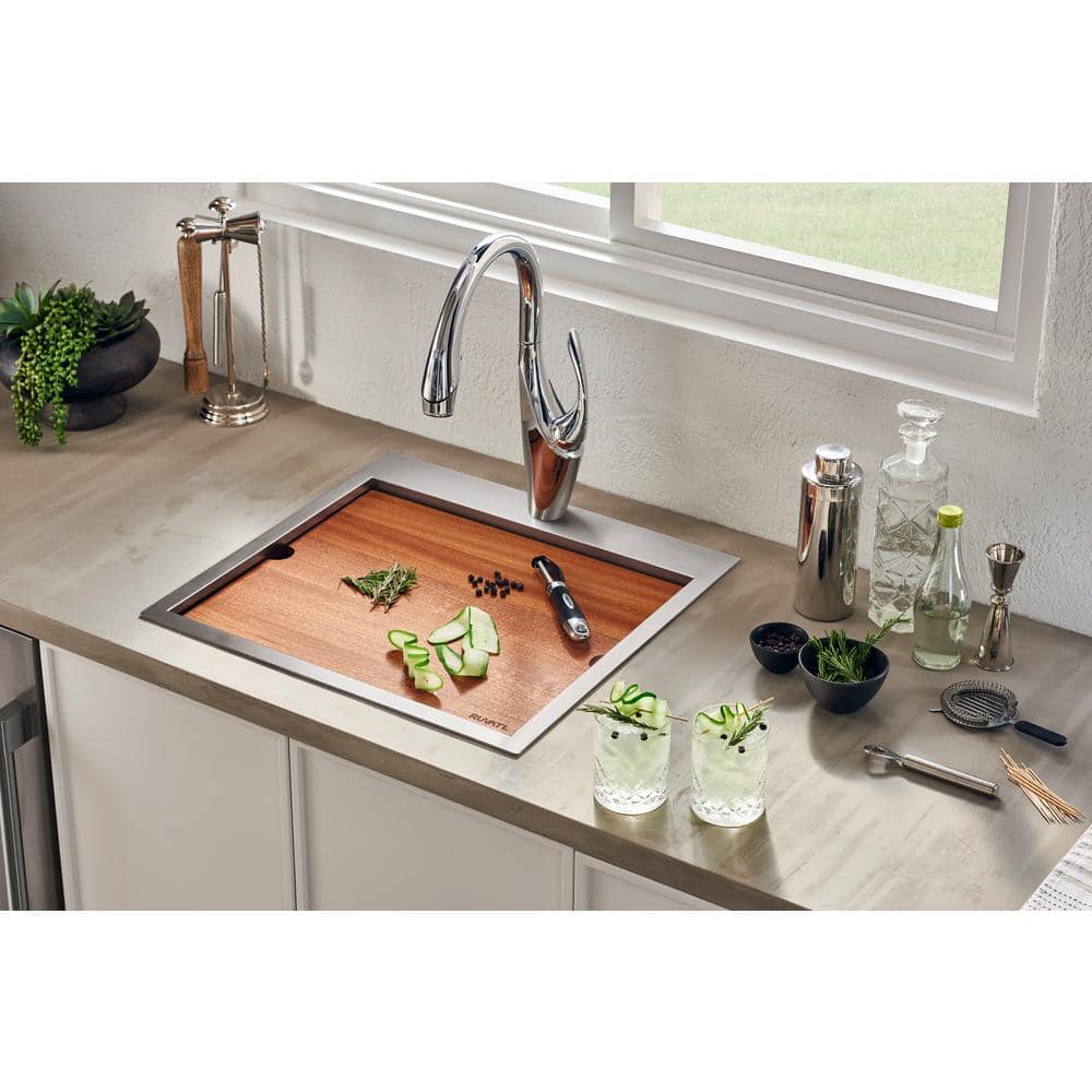 21" x 20" Stainless Steel Topmount Workstation Sink with Sapele Wood Cutting Board