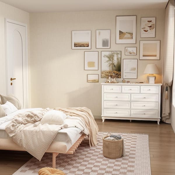 white bed frame brown dresser Homsee 9-Drawer Gray Wood Bedroom Storage Cabinet Modern Style Correct Placement of Nameplate Foam Dressings Color:Ivory/Fuchsia Print* carved drawer fronts and