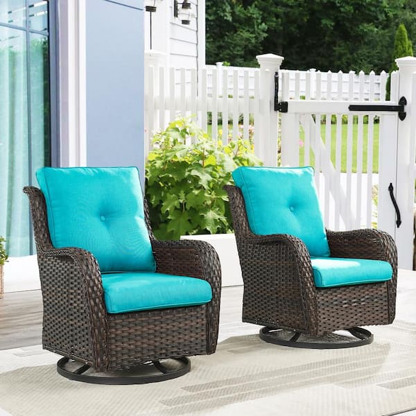 ArcoBay Metal and Brown Wicker Outdoor Rocking Chair Patio Swivel Chairs with Olefin Light Blue Cushions (2-Pack)