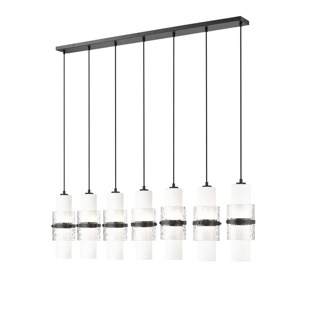 Cayden 54 in. 7-Light Matte Black Linear Chandelier with Clear Plus Etched 
