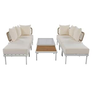 White 8-Piece Metal Outdoor Sectional Set with Beige Cushions, Tempered Glass Coffee Table and Wooden Coffee Table