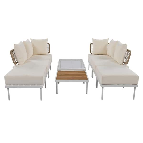 Sudzendf White 8-Piece Metal Outdoor Sectional Set with Beige Cushions, Tempered Glass Coffee Table and Wooden Coffee Table