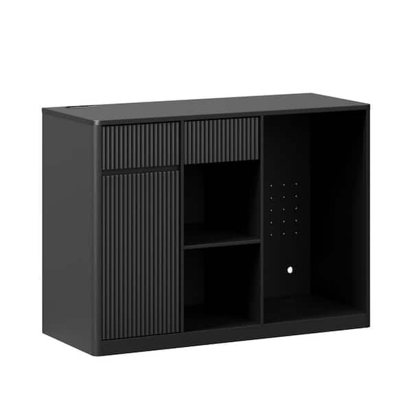 53in Farmhouse Black Fluted Coffee Station Bar Cabinet with Fridge Space and Charging Hub