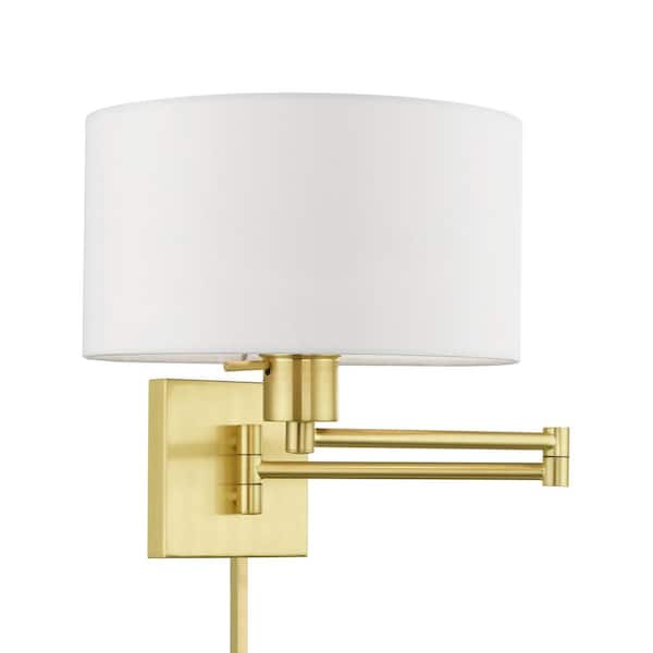 AVIANCE LIGHTING Atwood 1-Light Satin Brass Plug-In/Hardwired Swing Arm Wall Lamp with Off-White Fabric Shade