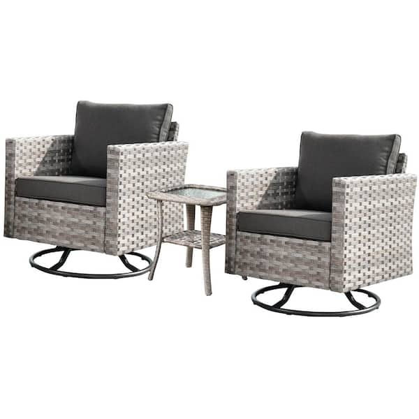 Isabella Gray 3-Piece Wicker Outdoor Rocking Chair Set with Black Cushions