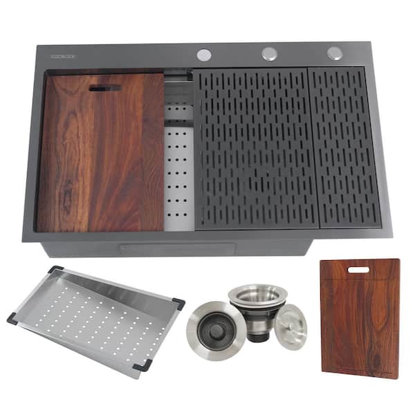 eModernDecor 42 in. CozyBlock Honeycomb Embossed Drop-In Workstation Kitchen Sink Single Bowl 16G Black Stainless Steel w Drainboard