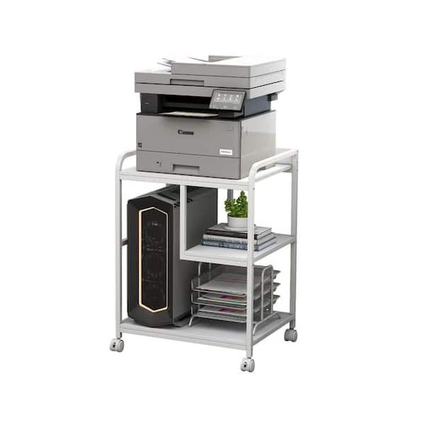 3 Tier Large Printer Stand Table with Storage Shelf and Wheels for PC Tower Shredder Home Office White