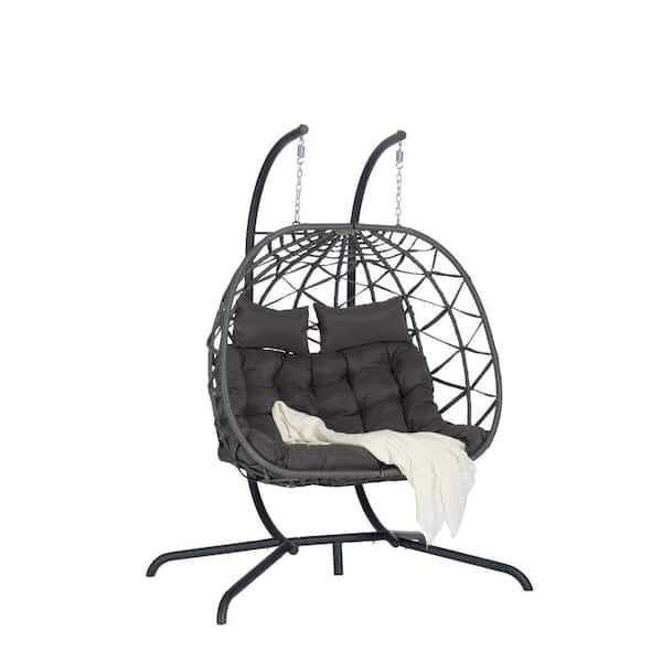ITOPFOX 2-Person Dark Gray Outdoor Rattan Metal Porch Swing Hanging Chair Patio Wicker Egg Chair with Dark Gray Cushion