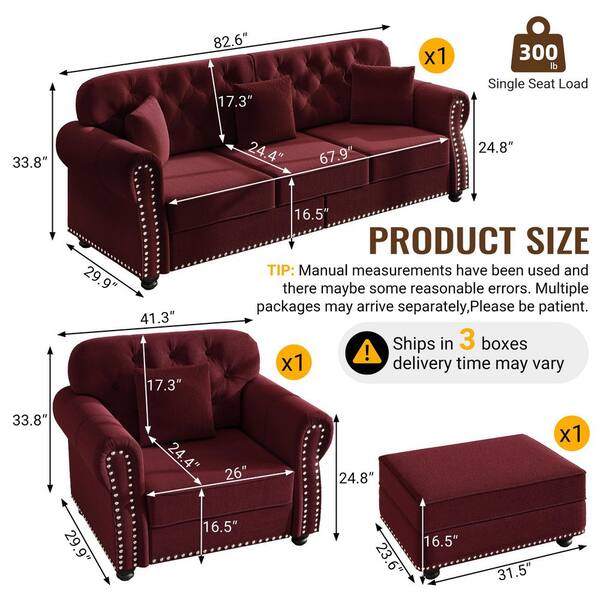 Polibi 82.6 in. Rolled Arm Velvet Rectangle Sofa in Burgundy with
