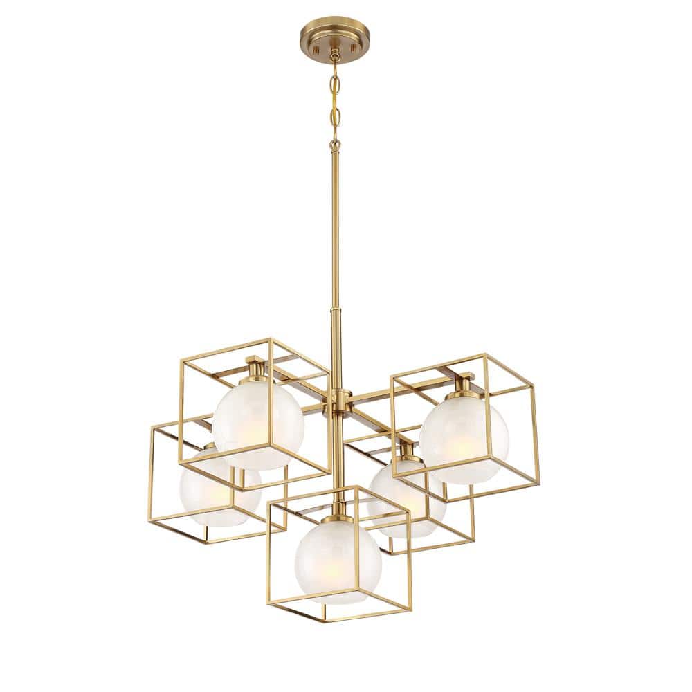 Brushed Gold Cube Frame Chandelier with Globe Shades